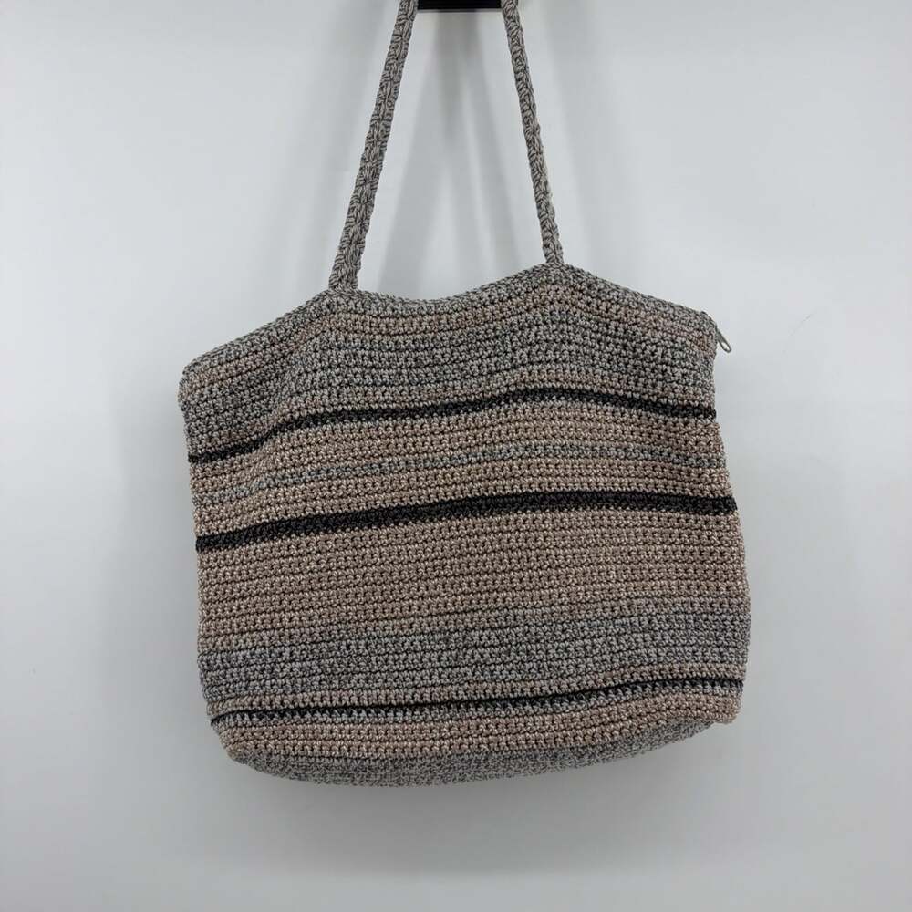 The Sak Striped Crochet Shoulder Bag Boho Purse Beige Gray Charcoal Charm Tag